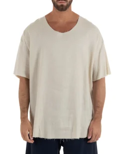 T-shirt casacca uomo lino girocollo over fit sfrangiata beige GIOSAL-TS3283A