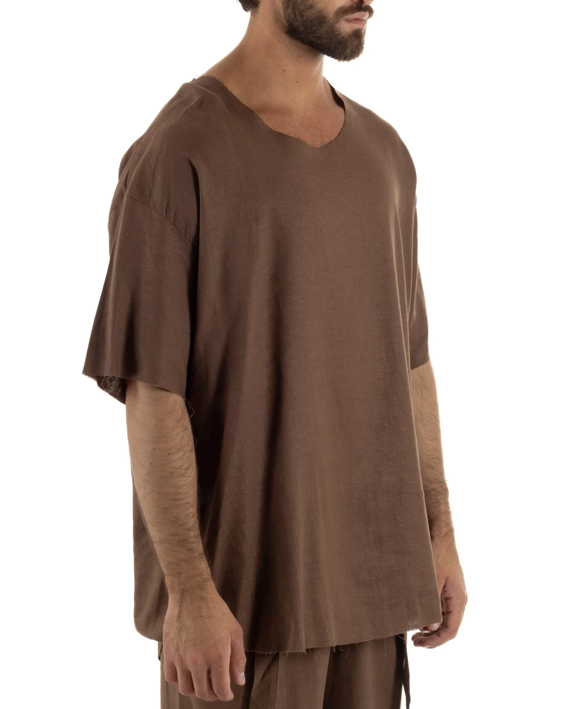 T-shirt casacca uomo lino girocollo over fit sfrangiata marrone GIOSAL-TS3284A