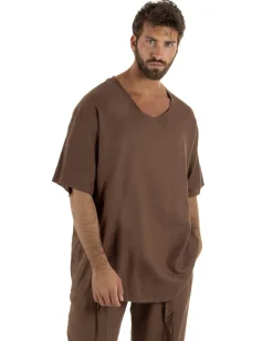 T-shirt casacca uomo lino girocollo over fit sfrangiata marrone GIOSAL-TS3284A