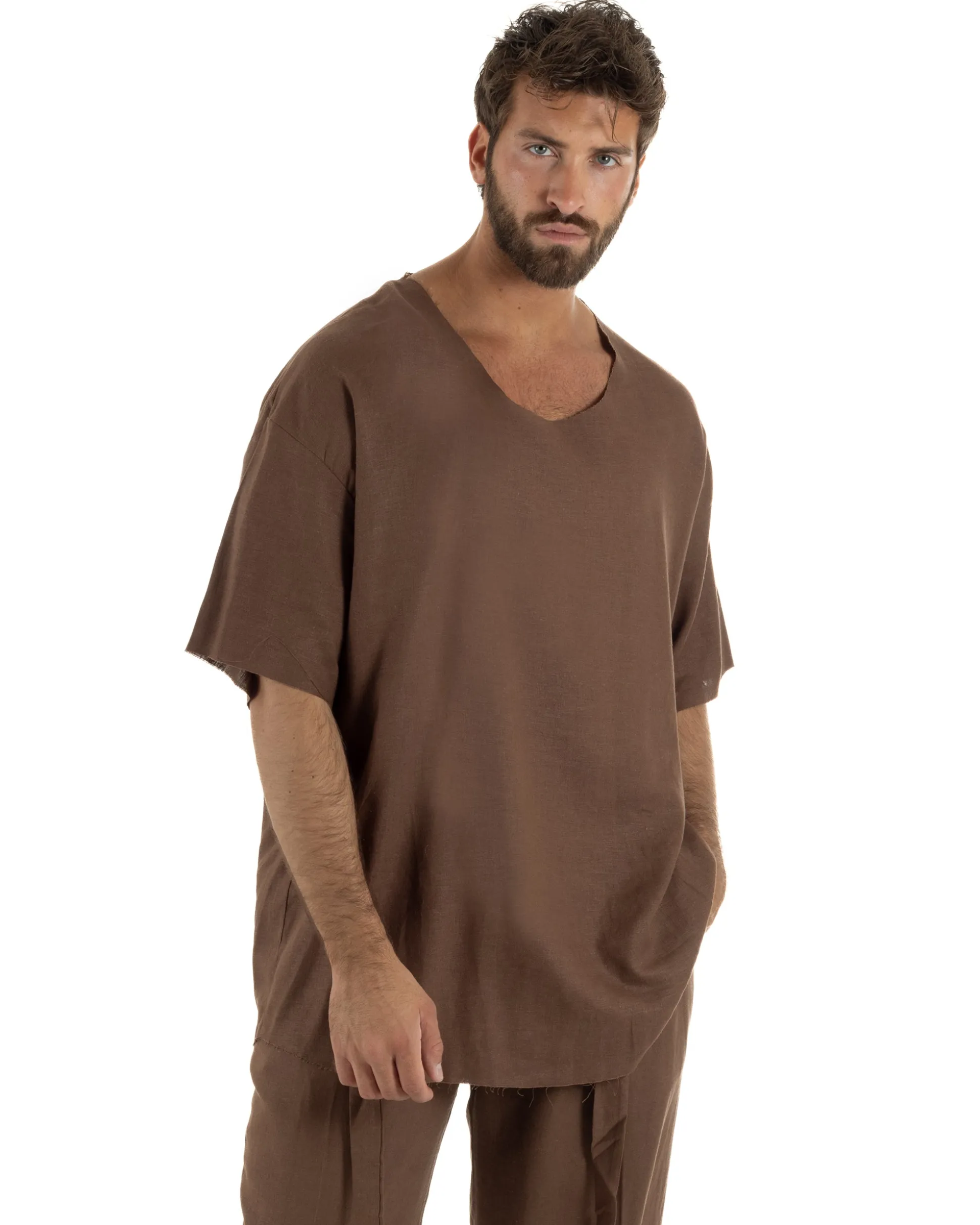 T-shirt casacca uomo lino girocollo over fit sfrangiata marrone GIOSAL-TS3284A