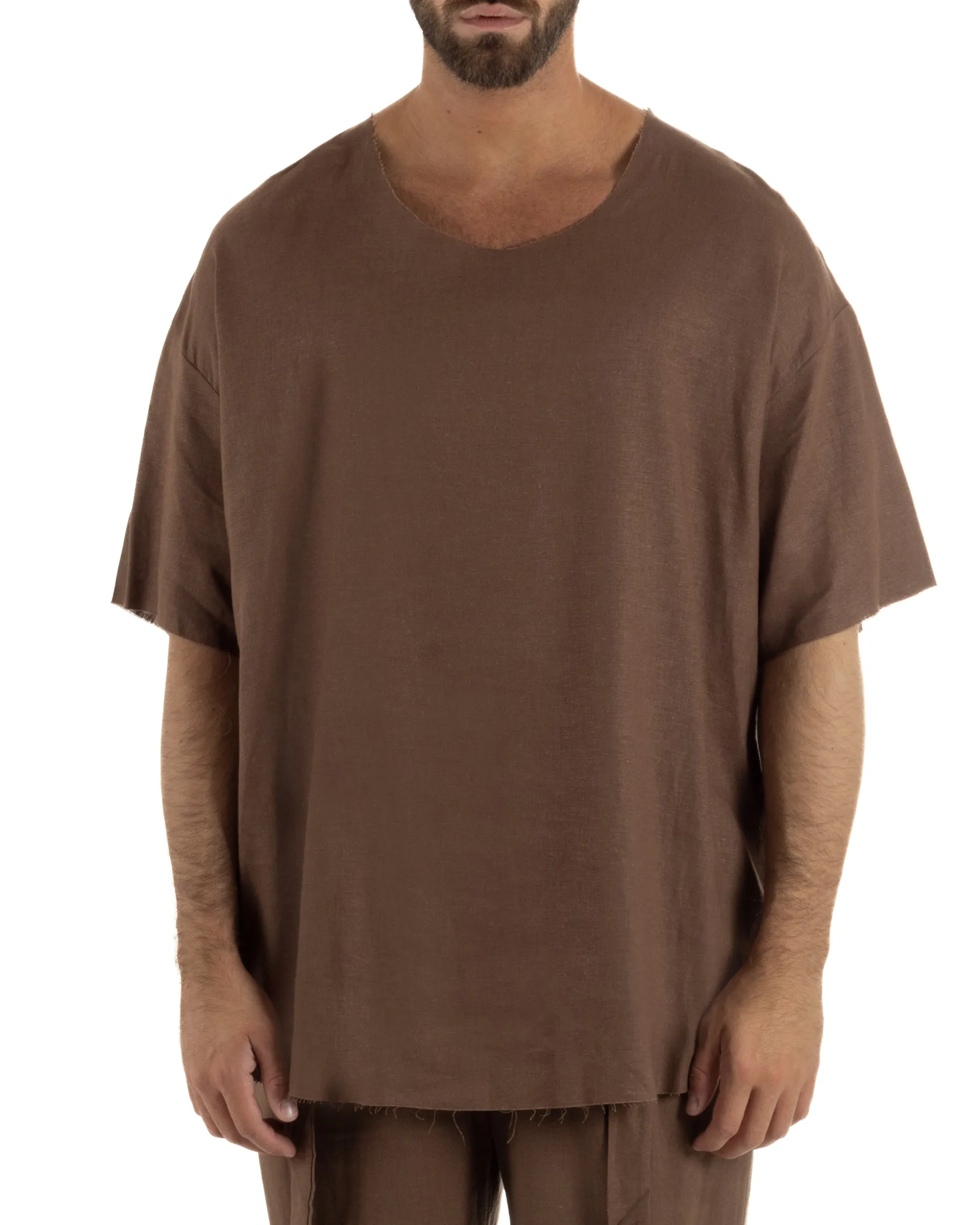 T-shirt casacca uomo lino girocollo over fit sfrangiata marrone GIOSAL-TS3284A