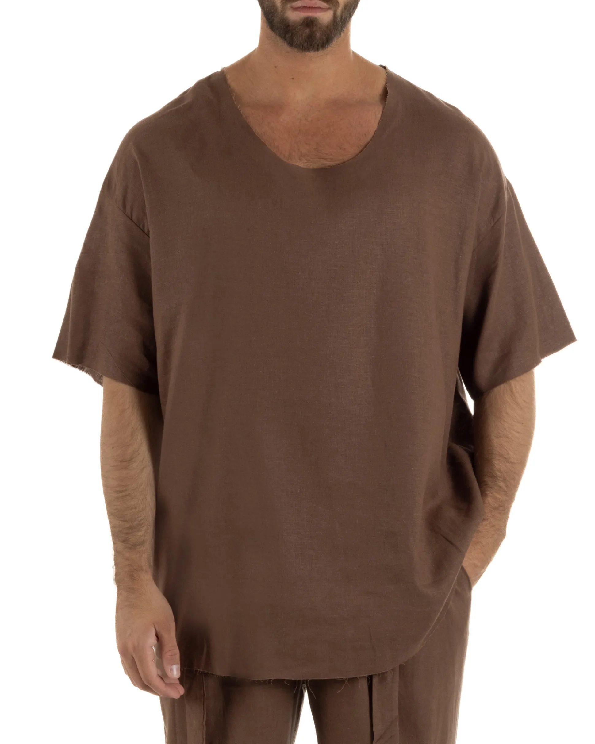 T-shirt casacca uomo lino girocollo over fit sfrangiata marrone GIOSAL-TS3284A