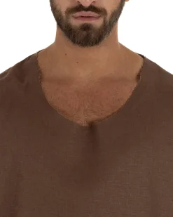 T-shirt casacca uomo lino girocollo over fit sfrangiata marrone GIOSAL-TS3284A