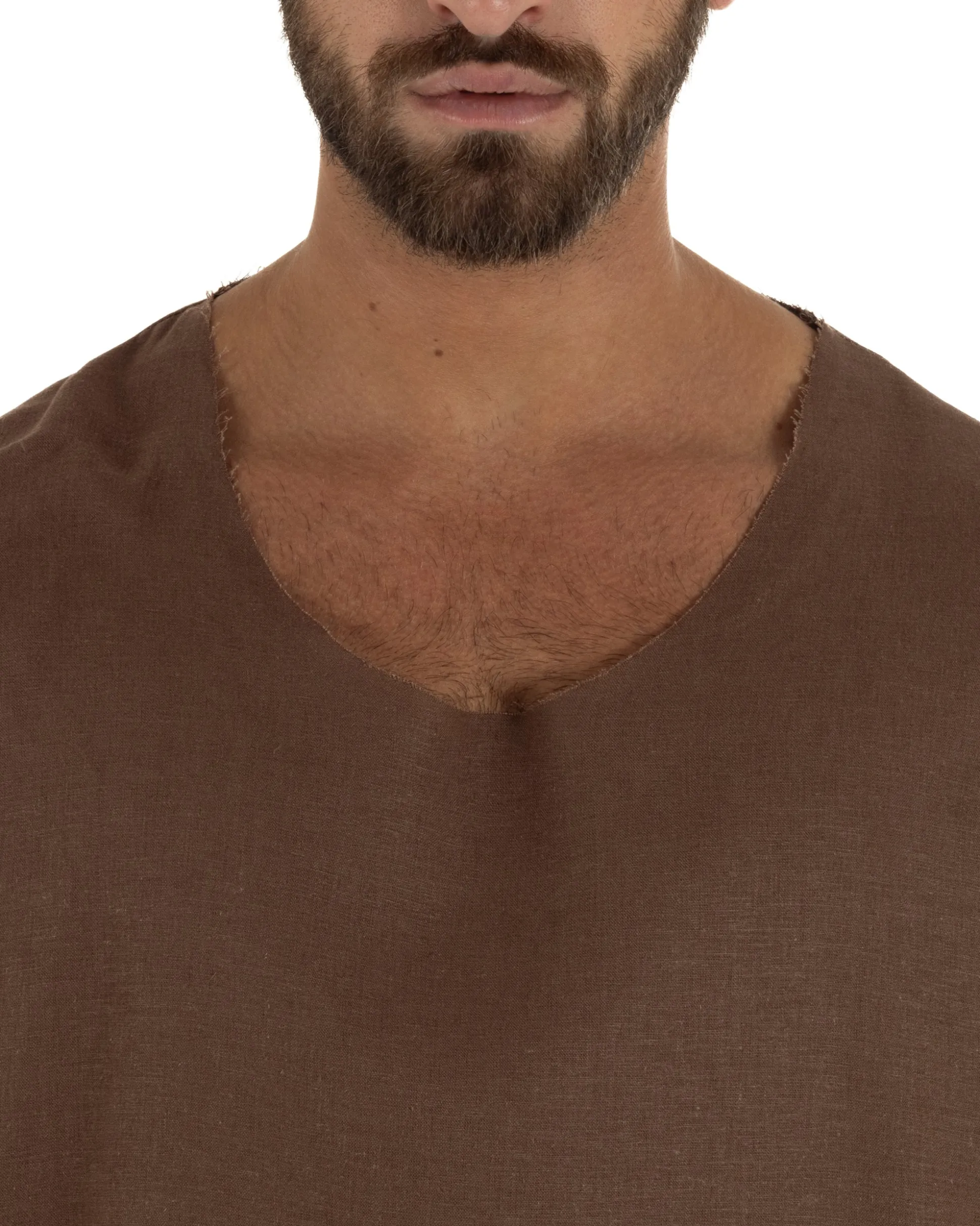 T-shirt casacca uomo lino girocollo over fit sfrangiata marrone GIOSAL-TS3284A