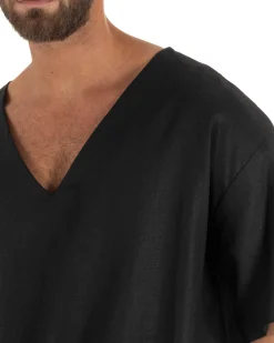 T-shirt casacca uomo lino over fit con scollo a v profondo nero GIOSAL-TS3279A