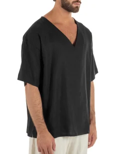 T-shirt casacca uomo lino over fit con scollo a v profondo nero GIOSAL-TS3279A