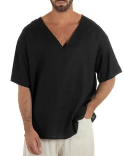 T-shirt casacca uomo lino over fit con scollo a v profondo nero GIOSAL-TS3279A