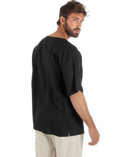 T-shirt casacca uomo lino over fit con scollo a v profondo nero GIOSAL-TS3279A