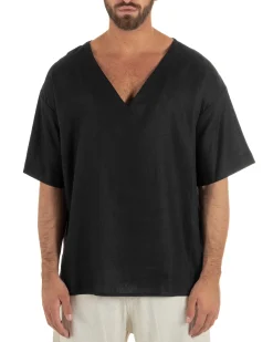 T-shirt casacca uomo lino over fit con scollo a v profondo nero GIOSAL-TS3279A