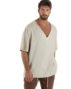 T-shirt casacca uomo lino over fit con scollo a v profondo beige GIOSAL-TS3278A