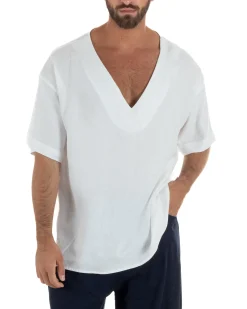 T-shirt casacca uomo lino over fit con scollo a v profondo bianco GIOSAL-TS3280A