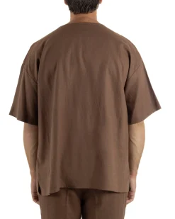 T-shirt casacca uomo lino over fit con scollo a v profondo marrone GIOSAL-TS3277A