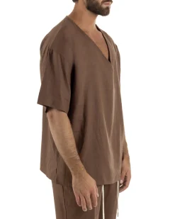 T-shirt casacca uomo lino over fit con scollo a v profondo marrone GIOSAL-TS3277A