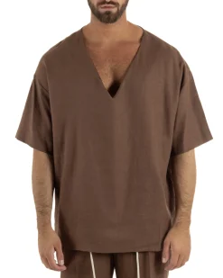 T-shirt casacca uomo lino over fit con scollo a v profondo marrone GIOSAL-TS3277A
