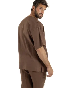T-shirt casacca uomo lino over fit con scollo a v profondo marrone GIOSAL-TS3277A
