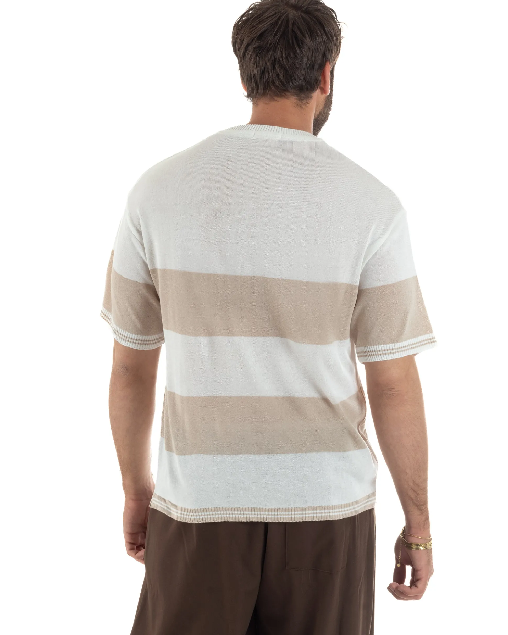 T-Shirt filo uomo girocollo rigata bicolore beige bianco BlackSunday-TS3255A