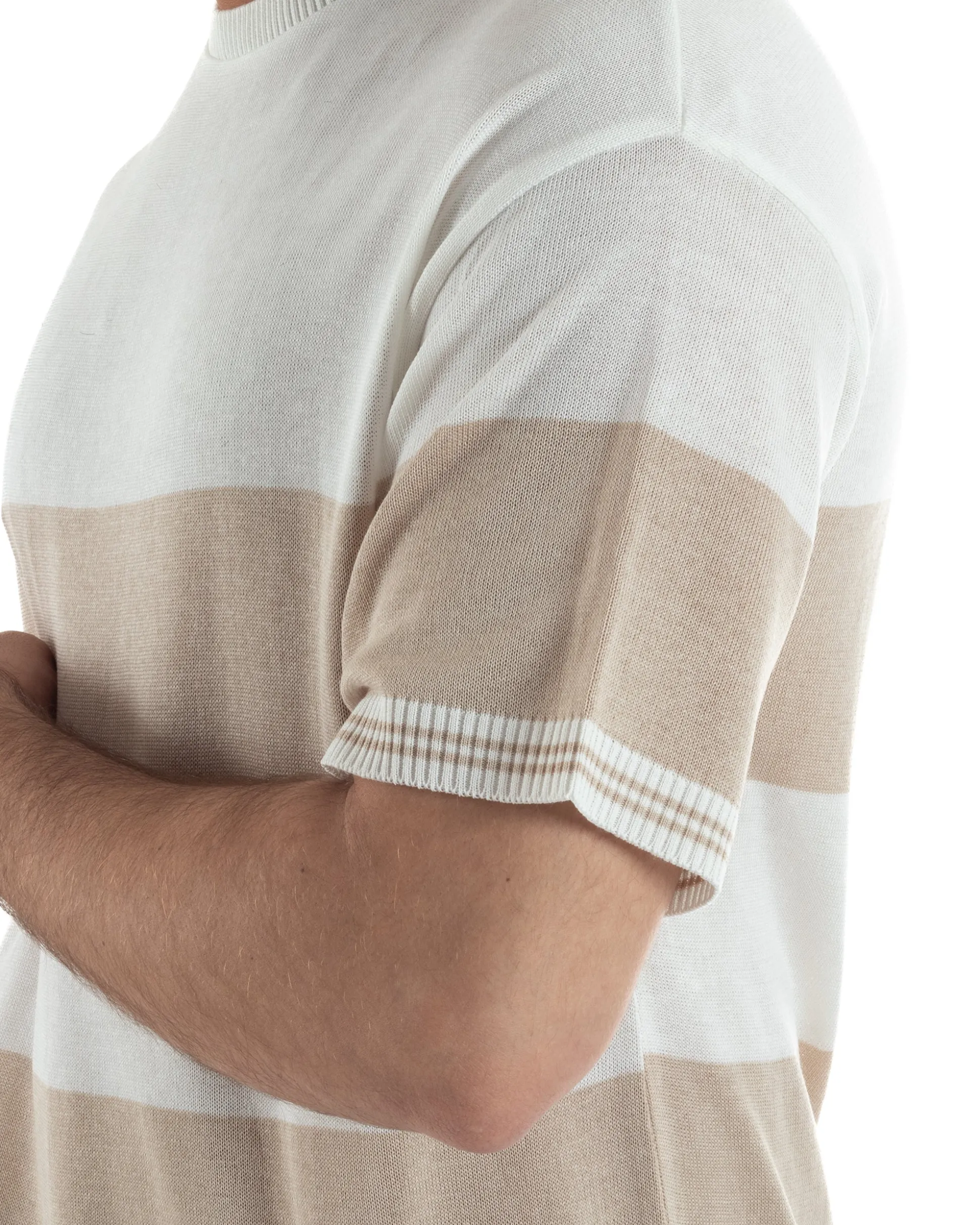 T-Shirt filo uomo girocollo rigata bicolore beige bianco BlackSunday-TS3255A