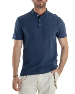 T-shirt Serafino Taglio Vivo Collo Coreano Sfrangiato Blu GIOSAL-TS3140A