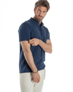 T-shirt Serafino Taglio Vivo Collo Coreano Sfrangiato Blu GIOSAL-TS3140A