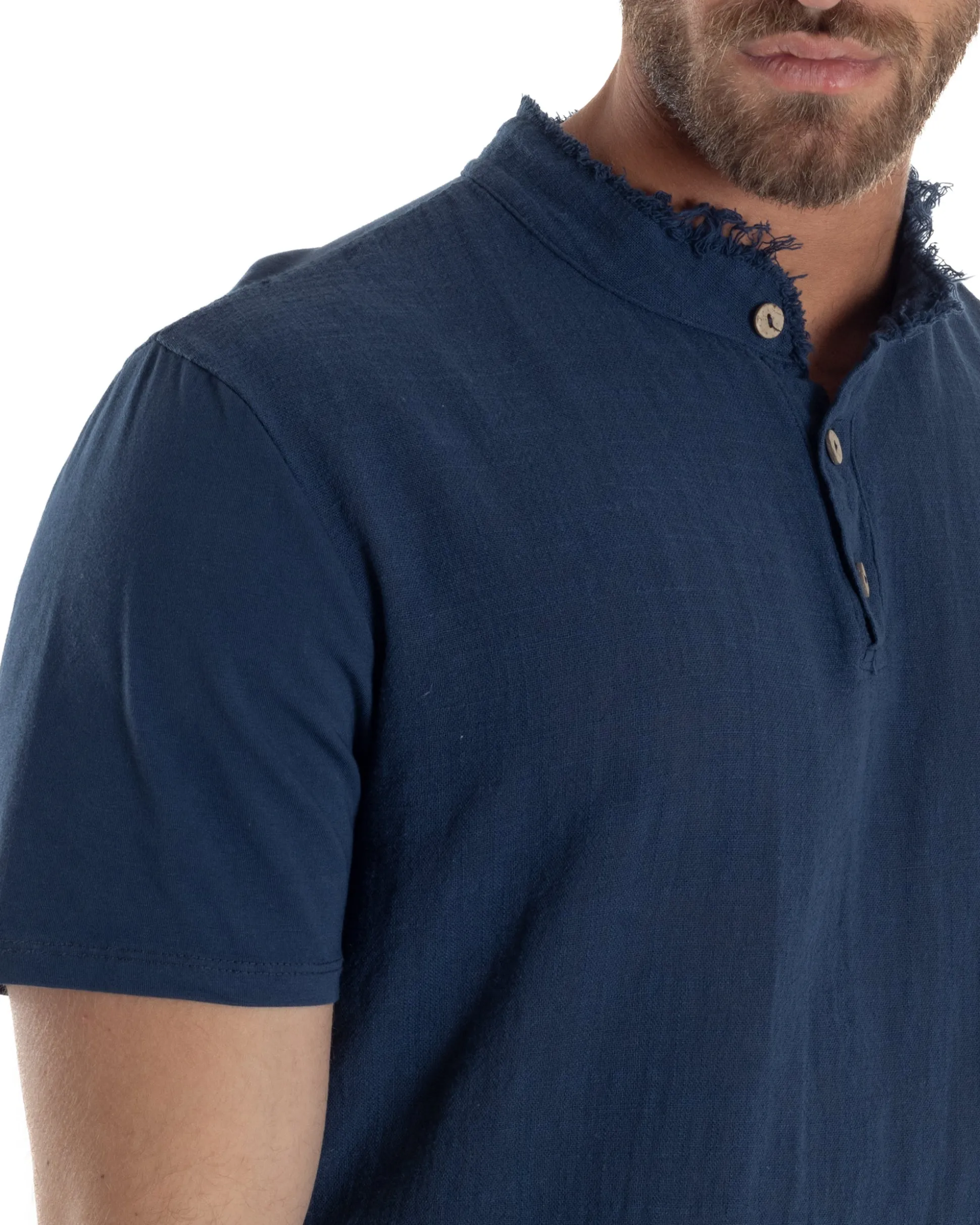 T-shirt Serafino Taglio Vivo Collo Coreano Sfrangiato Blu GIOSAL-TS3140A