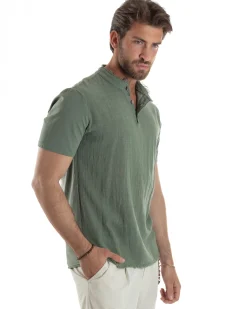 T-shirt Serafino Taglio Vivo Collo Coreano Sfrangiato Verde GIOSAL-TS3141A
