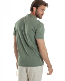T-shirt Serafino Taglio Vivo Collo Coreano Sfrangiato Verde GIOSAL-TS3141A