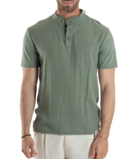 T-shirt Serafino Taglio Vivo Collo Coreano Sfrangiato Verde GIOSAL-TS3141A