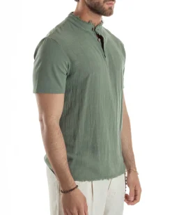 T-shirt Serafino Taglio Vivo Collo Coreano Sfrangiato Verde GIOSAL-TS3141A