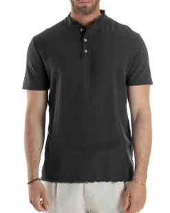 T-shirt Serafino Taglio Vivo Collo Coreano Sfrangiato Nero GIOSAL-TS3143A