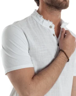 T-shirt Serafino Taglio Vivo Collo Coreano Sfrangiato Bianco GIOSAL-TS3142A