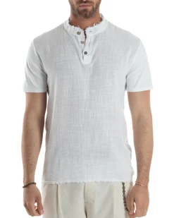 T-shirt Serafino Taglio Vivo Collo Coreano Sfrangiato Bianco GIOSAL-TS3142A