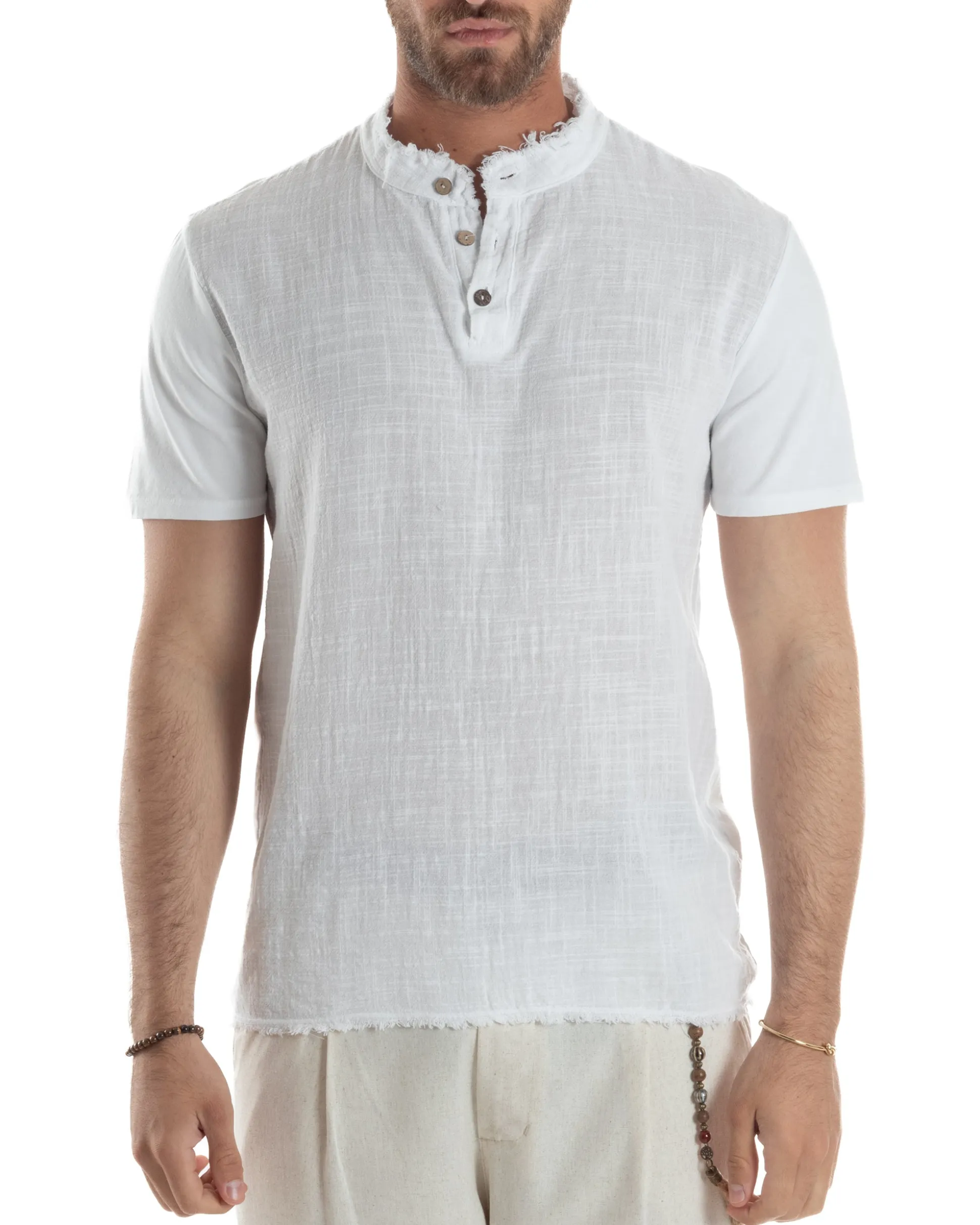 T-shirt Serafino Taglio Vivo Collo Coreano Sfrangiato Bianco GIOSAL-TS3142A