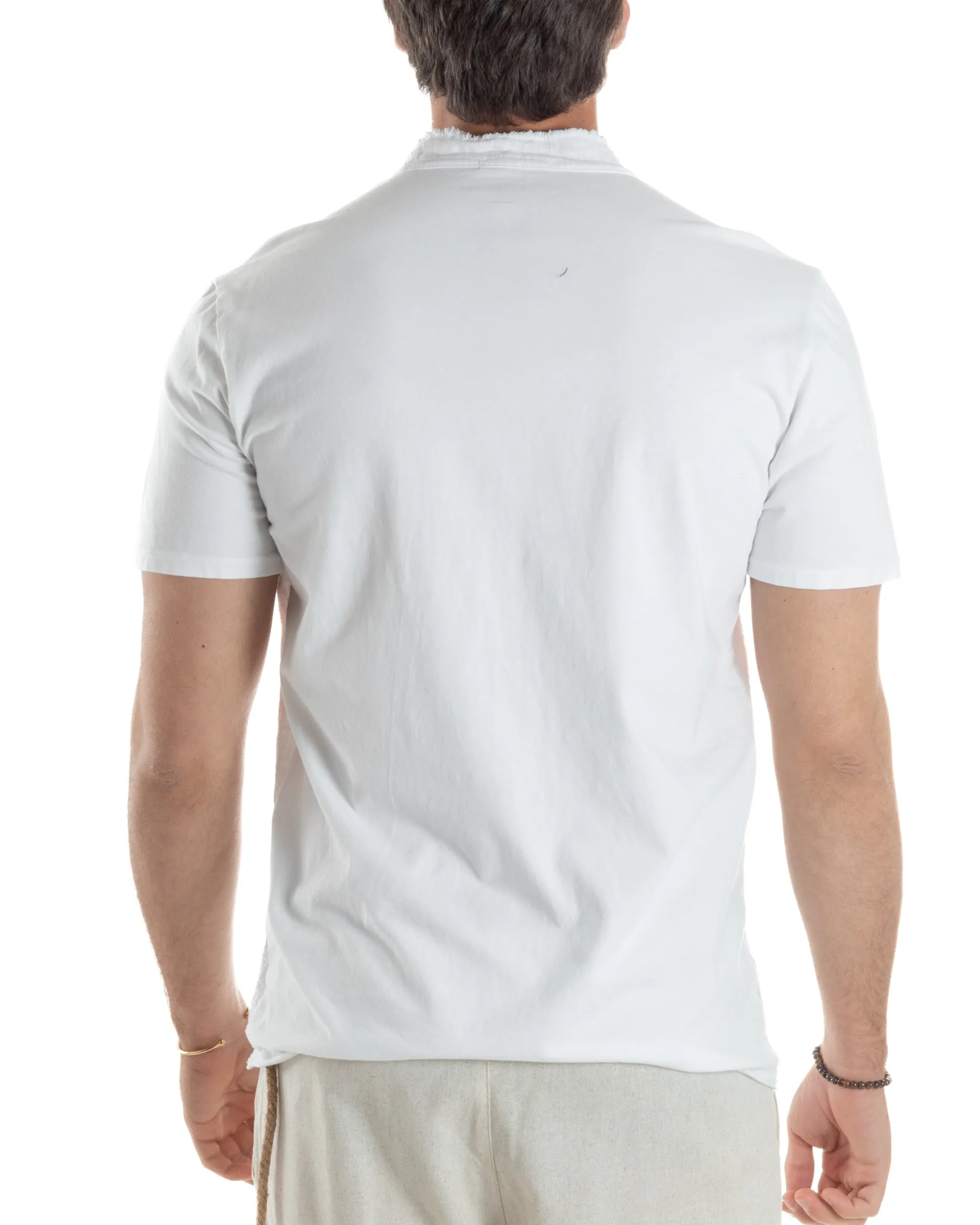 T-shirt Serafino Taglio Vivo Collo Coreano Sfrangiato Bianco GIOSAL-TS3142A
