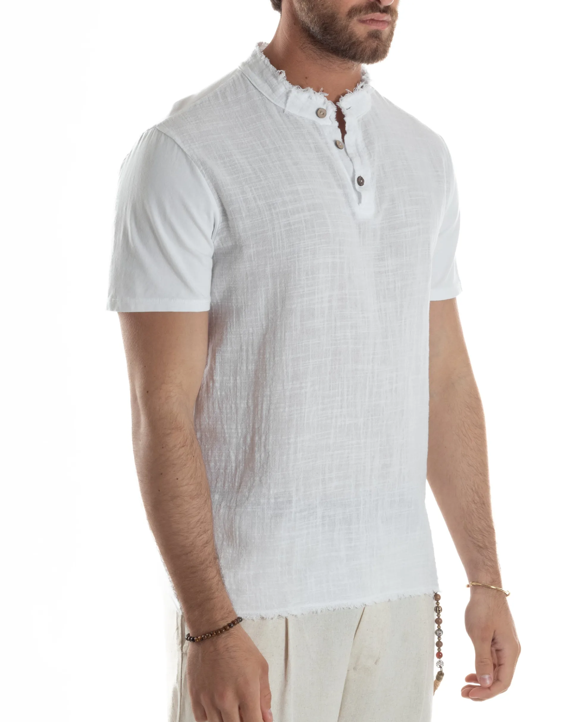 T-shirt Serafino Taglio Vivo Collo Coreano Sfrangiato Bianco GIOSAL-TS3142A