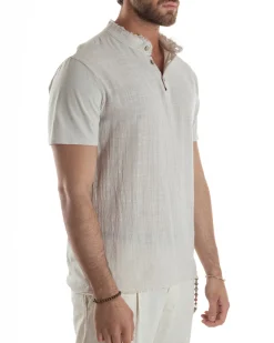 T-shirt Serafino Taglio Vivo Collo Coreano Sfrangiato Beige GIOSAL-TS3139A