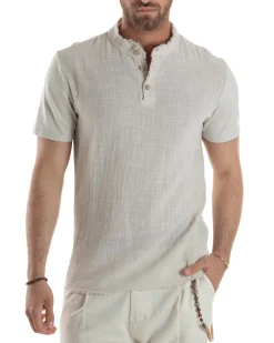 T-shirt Serafino Taglio Vivo Collo Coreano Sfrangiato Beige GIOSAL-TS3139A
