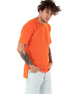 T-shirt Uomo Basic Tinta Unita Arancione Girocollo Manica Corta Casual Spacchi GIOSAL-TS2936A