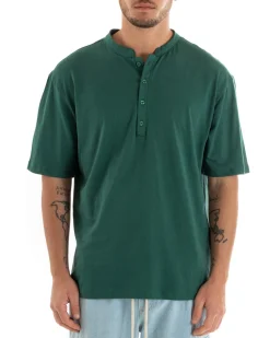 T-shirt Uomo Collo Bottoni Tinta Unita Verde Manica Corta Bianca Casual GIOSAL-TS2886A
