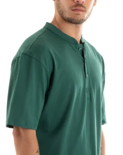 T-shirt Uomo Collo Bottoni Tinta Unita Verde Manica Corta Bianca Casual GIOSAL-TS2886A