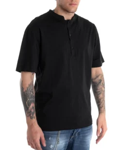 T-shirt Uomo Collo Bottoni Tinta Unita Nera Manica Corta Basic Casual GIOSAL-TS2696A