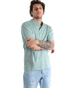 T-shirt Uomo Collo Bottoni Tinta Unita Verde Acqua Manica Corta Basic Casual GIOSAL-TS2695A