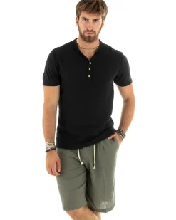 T-shirt Uomo Collo Serafino Bottoni Tinta Unita Maniche Corte Cotone Nero Casual GIOSAL-TS2960A