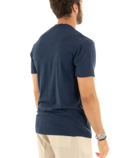 T-shirt Uomo Collo Serafino Bottoni Tinta Unita Maniche Corte Cotone Blu Casual GIOSAL-TS2959A