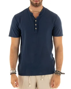 T-shirt Uomo Collo Serafino Bottoni Tinta Unita Maniche Corte Cotone Blu Casual GIOSAL-TS2959A