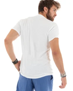 T-shirt Uomo Collo Serafino Bottoni Tinta Unita Maniche Corte Cotone Bianca Casual GIOSAL-TS2957A