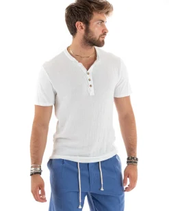 T-shirt Uomo Collo Serafino Bottoni Tinta Unita Maniche Corte Cotone Bianca Casual GIOSAL-TS2957A