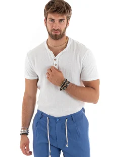 T-shirt Uomo Collo Serafino Bottoni Tinta Unita Maniche Corte Cotone Bianca Casual GIOSAL-TS2957A