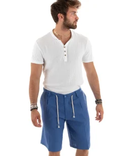 T-shirt Uomo Collo Serafino Bottoni Tinta Unita Maniche Corte Cotone Bianca Casual GIOSAL-TS2957A