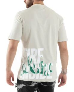 T-Shirt Uomo Con Stampa Maglia Maniche Corte Girocollo Cotone Beige GIOSAL-TS3031A