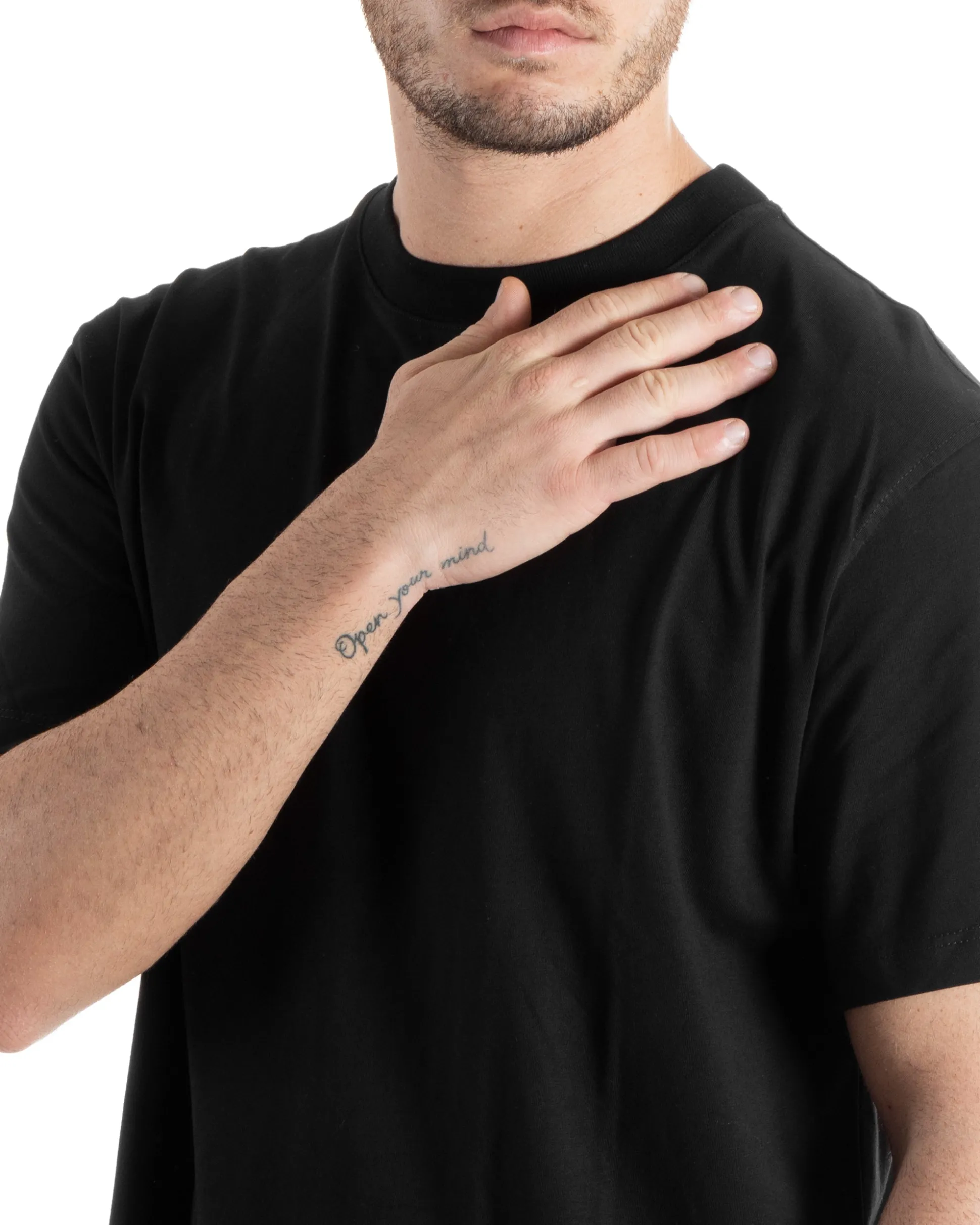 T-shirt Uomo Cotone Girocollo Gola Alta Basic Tinta Unita Nero TS2983A
